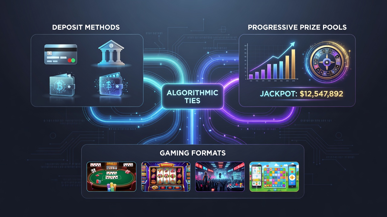 Diagram showing data flows from deposit methods into progressive prize pools across slots and table games