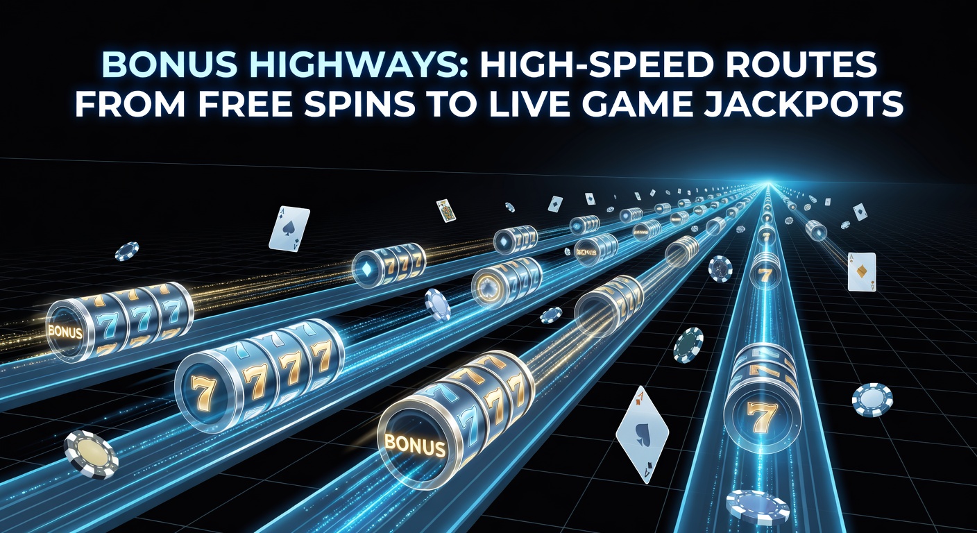Dynamic graphic of bonus trails connecting colorful slot machines to elegant live dealer setups with jackpot meters rising