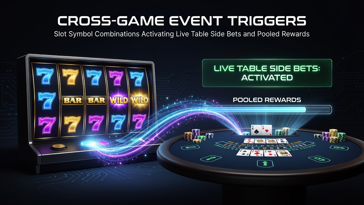 Live dealer table interface showing side bet activation linked to slot symbol triggers and pooled reward meters
