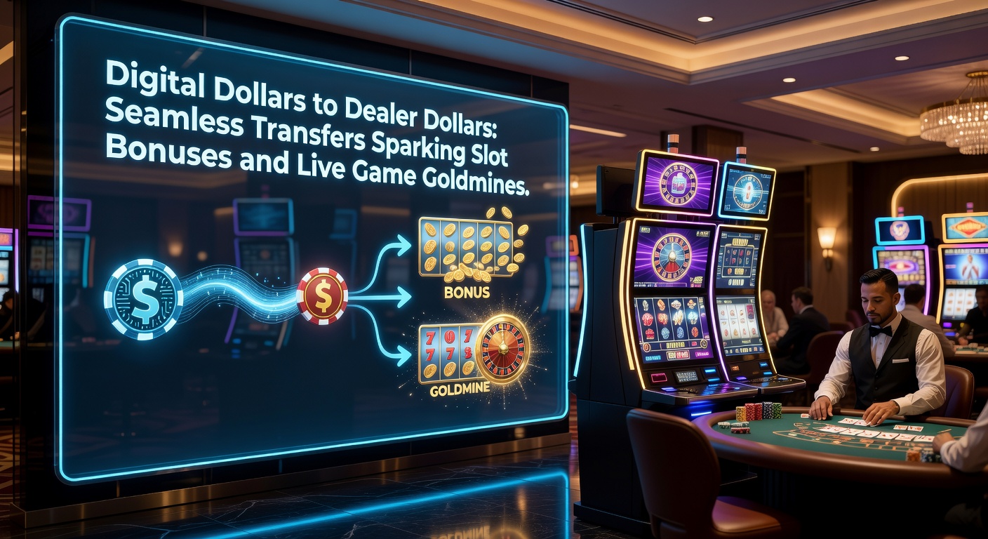 Live dealer at a blackjack table receiving instant digital funds, with slot bonus notifications popping up on screen