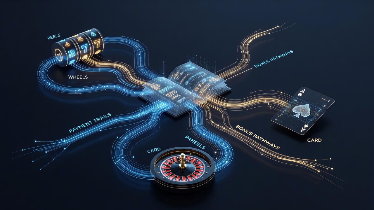 Close-up of digital ledger interface displaying bonus pathways linking slot machines, roulette, and blackjack sessions