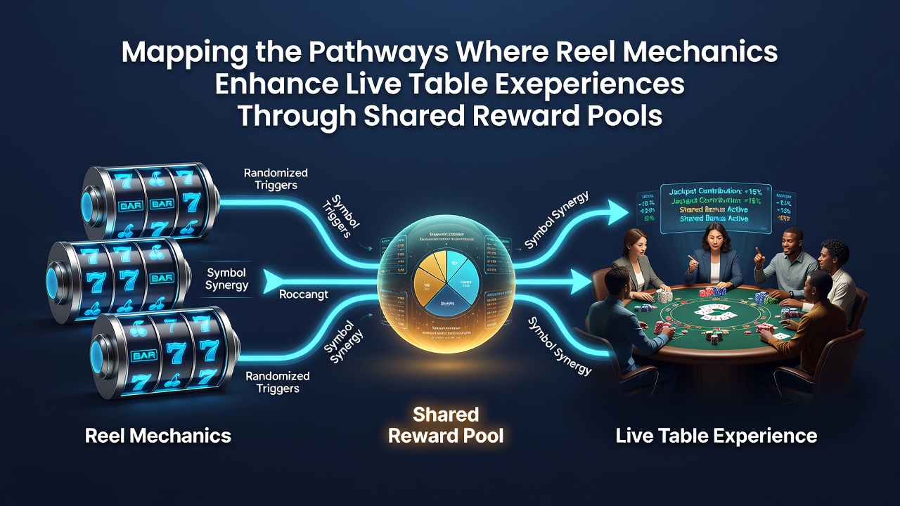 Illustration of shared reward pool architecture connecting slot reels to live blackjack and roulette tables