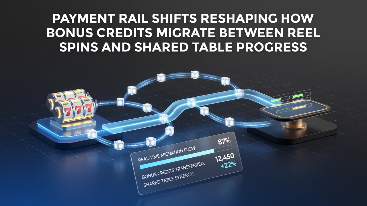 Flowchart of bonus credit movement from slots to shared table progressives via updated payment rails