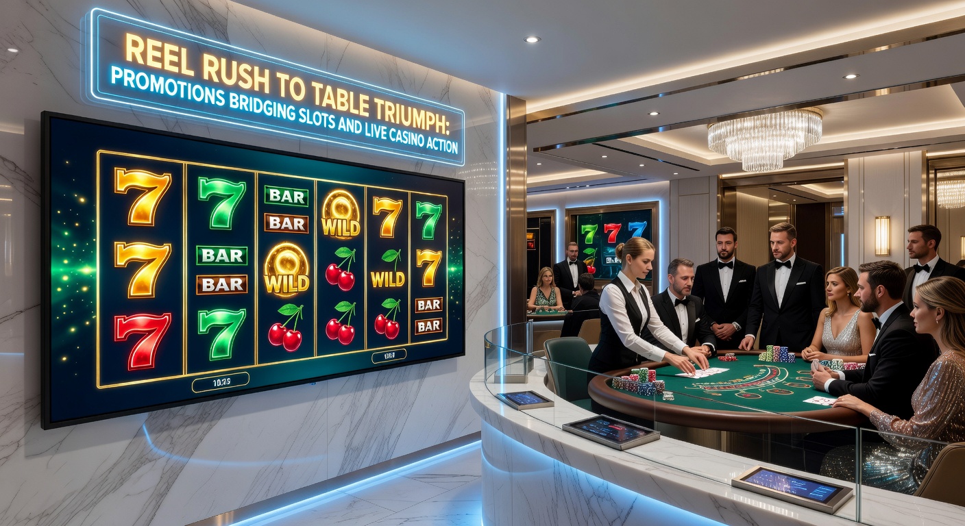 Dynamic split-screen of slot machine payout transitioning to live dealer roulette wheel spin with bonus overlay