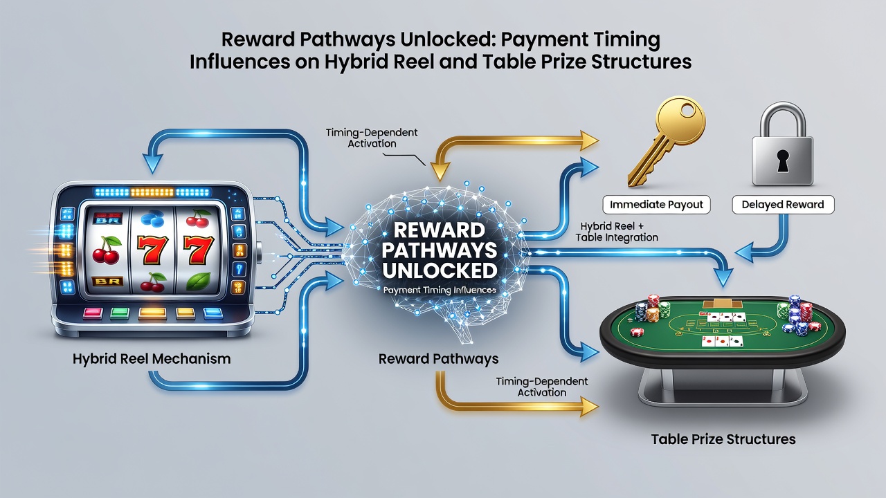 Diagram of payment timing sequences connecting slot bonuses to roulette and blackjack prize pathways with clock and transfer icons