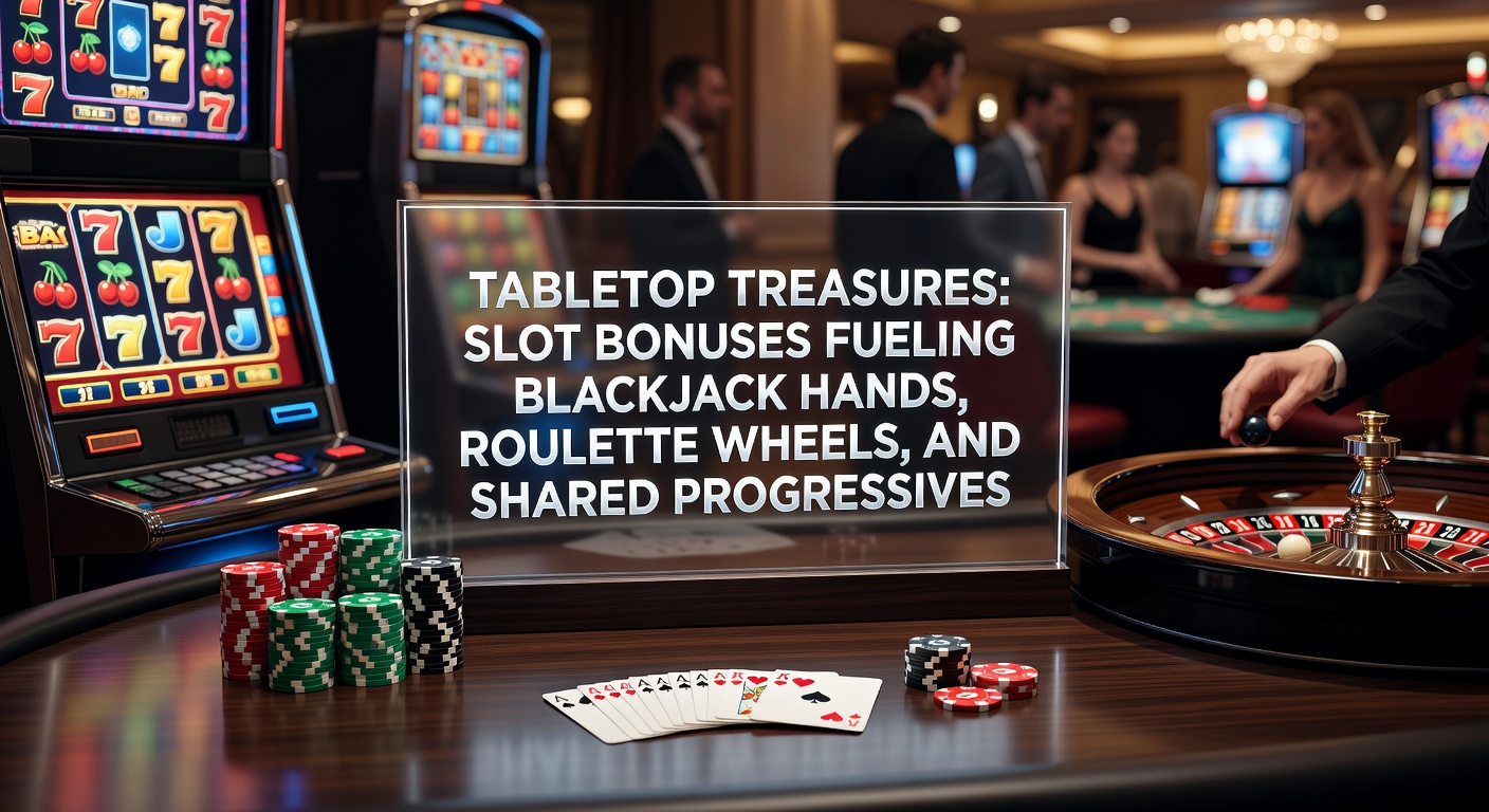 Close-up of a roulette wheel with digital overlay showing slot bonus meters ticking upward alongside blackjack cards