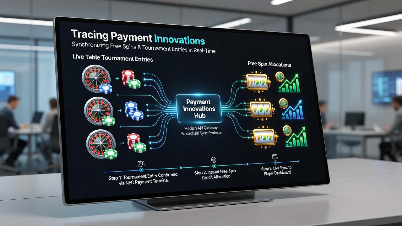 Diagram showing payment flows that allocate free spins, register players for live tournaments, and add to progressive prize funds